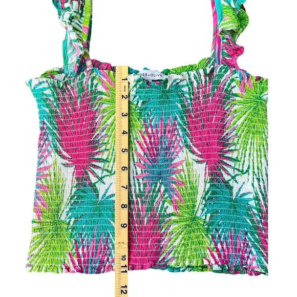 Rose + Olive Smocked Palm Leaf Print Ruffle Strap Tank Top - Size Medium - Picture 7 of 9